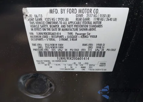 2014 Lincoln Mks из США, поврежденный, VIN 1LNHL9EK2EG601414